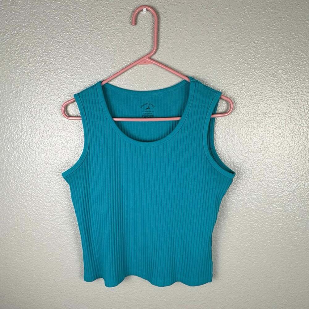 White Stag Size Large 12/14 Ribbed Blue Aqua Sleeveless Top Shirt Stretch Tee